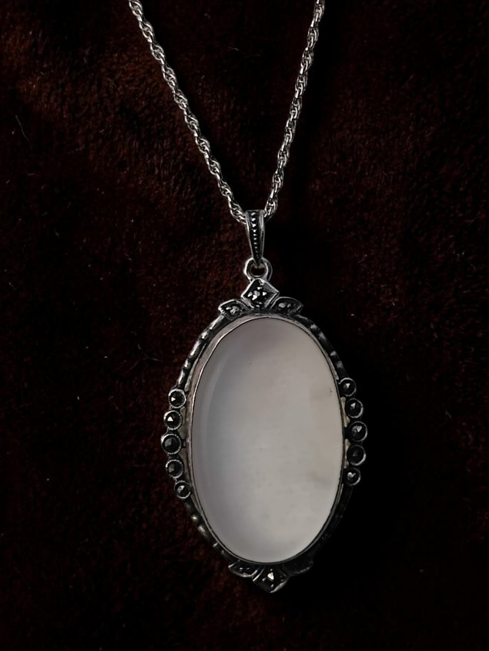 Vintage Sterling Art Deco Camphor Glass And Marcasite Pendant Necklace